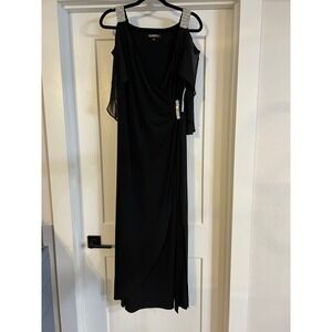 NEW‎ Glamour Nights Black Cold Shoulder Chiffon Maxi Dress Rhinestone 14 Wedding